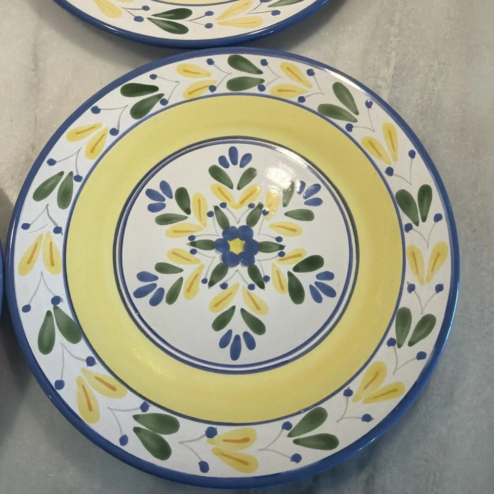 SET‎ OF FOUR SOLIMAR PIER 1 POTTERY DINNER PLATES BLUE AND YELLOW Gw994